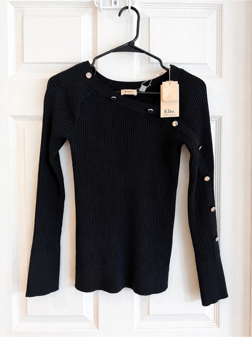NWT Elie Tahari Black Ribbed Pullover with Button-Trim